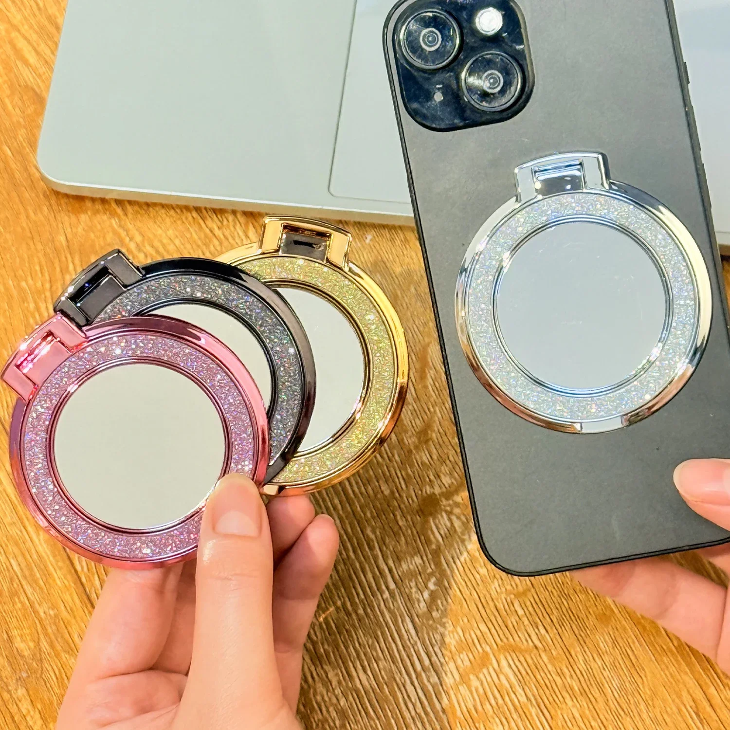 Phone Accessories And Gadget - Glanzende diamanten telefoonringhouder met ronde spiegelstandaard,